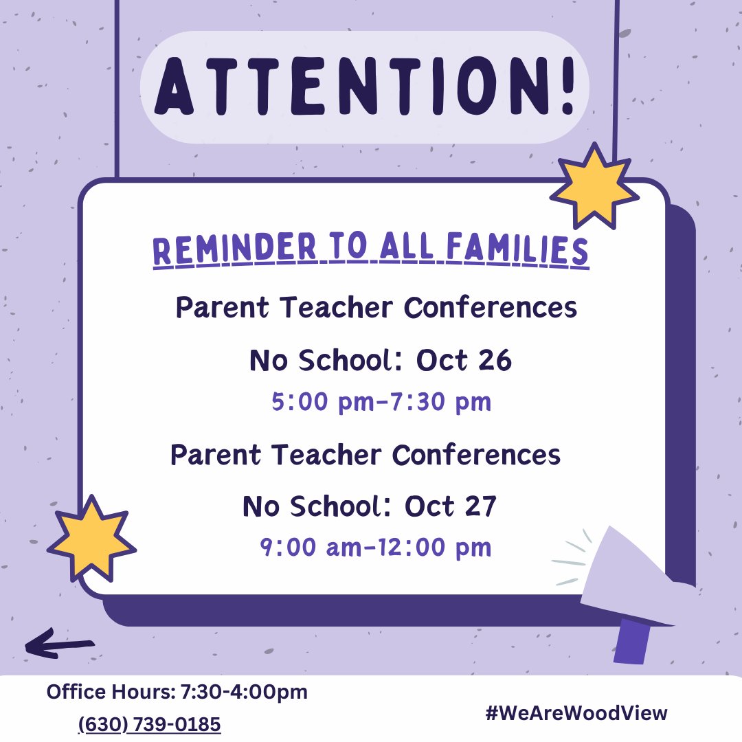 📢 Attention WoodView Families! 📢 
Early Release & Parent-Teacher Conferences are coming up for the rest of this week! 
#WeAreWoodView