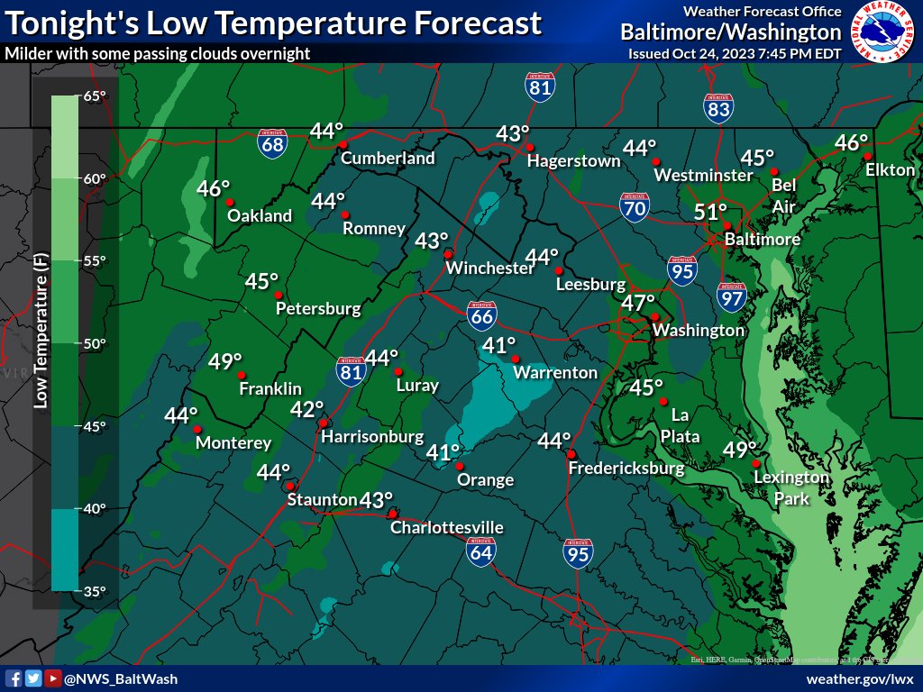 Light southerly winds around the surface high will yield milder conditions than previous nights. Most can expect low temperatures in the 40s, with a few locations falling into the upper 30s. Some high clouds should push through overnight. #MDwx #VAwx #DCwx #WVwx