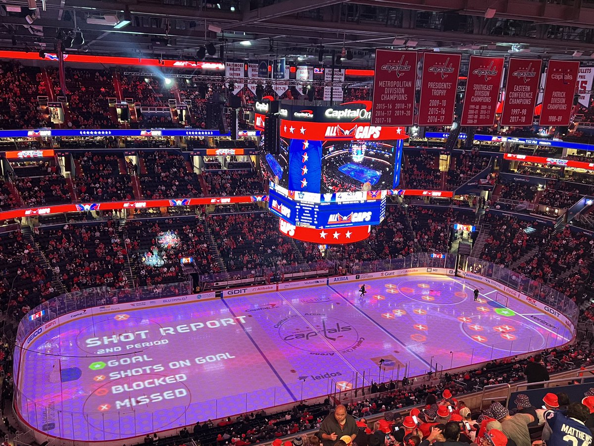 Pretty cool new addition to the gameday experience at Cap One Arena: The Capitals projected a “shot report” on the ice during the second intermission showing where they took each of their shots last period.