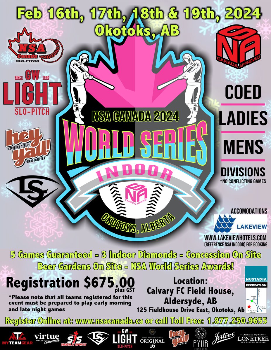 NSA Canada Slo-Pitch is proud to announce registration is open for the 2024 NSA Indoor World Series in Okotoks AB. 

To register please use the link:
nsacanada.ca/tournaments/ns…