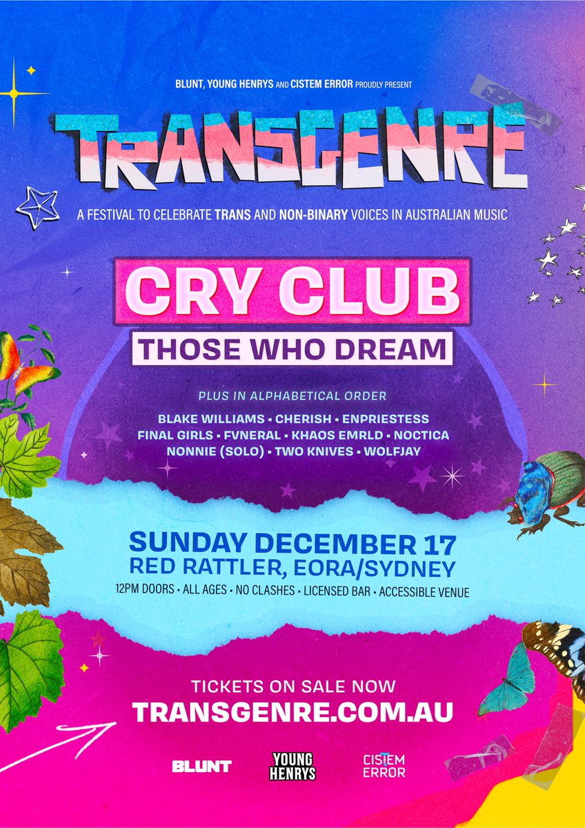 IT’S FINALLY HEEEERE!!! Take a look at the official poster for the ✨first-ever✨ TRANSGENRE – a festival to celebrate trans and non-binary voices in Australian music 🔥🏳️‍⚧️

Tickets are on sale NOW – grab yours from transgenre.com.au 💥