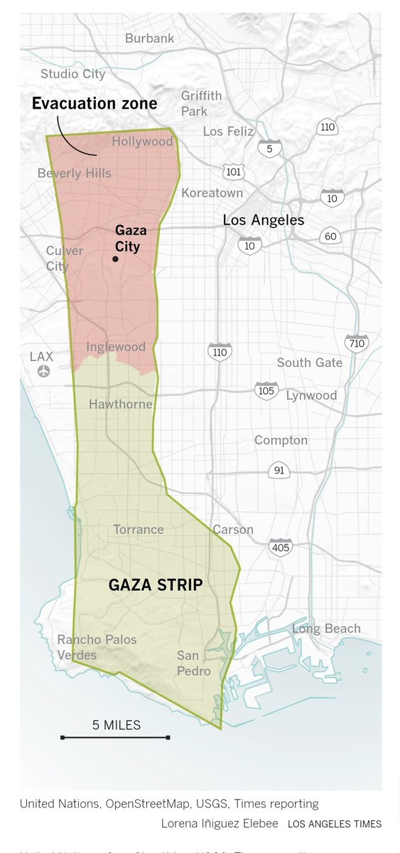 sleepyknave's tweet photo. Gaza is about 4 mi wide, 25 mi long, home to over 2 million people, most in the north.

I want you to think about what is 25 mi from you.

Pick the most populous area. Imagine everyone there across 4 miles has to rush toward the less populous town on no notice, on pain of death. https://t.co/St7jxNb0ub