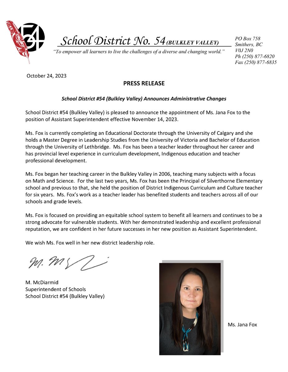 sd54BV's tweet photo. PRESS RELEASE

SD54 would like to congratulate Ms. Jana Fox and Mr. Mark Fehr on their new appointments. 

#SD54 #SD54Updates https://t.co/aSrR3qUoDY