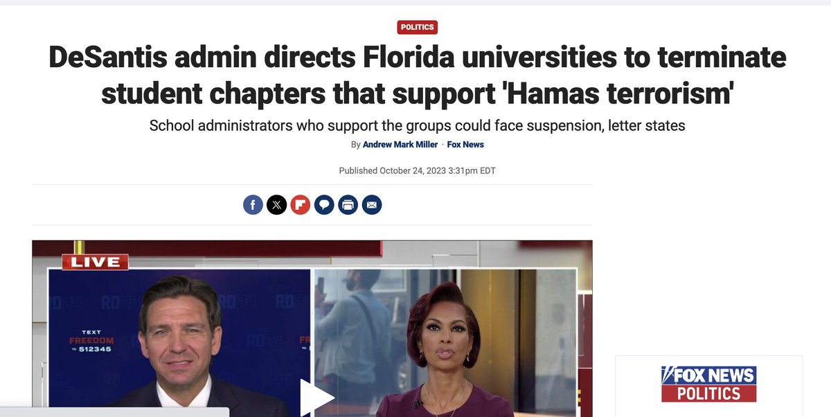 Florida Gov. Ron DeSantis, acting with the head of the state university system, is ordering student groups that are part of the National Students for Justice in Palestine to be 'deactiviated.' How is this not a blatant 1st Amendment violation? foxnews.com/politics/desan……