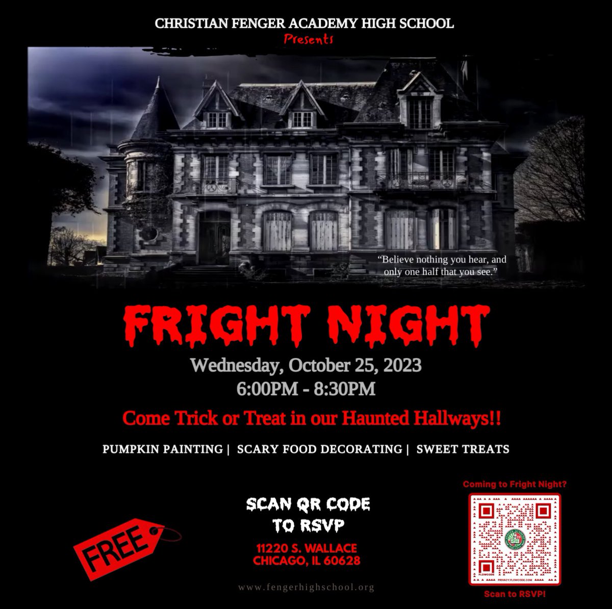 HsFenger's tweet photo. Join us and explore the haunted halls of Fenger FRIGHT School. All are welcome if you think you’re brave enough. ☠️💀👻 https://t.co/N0I1tZ9j34