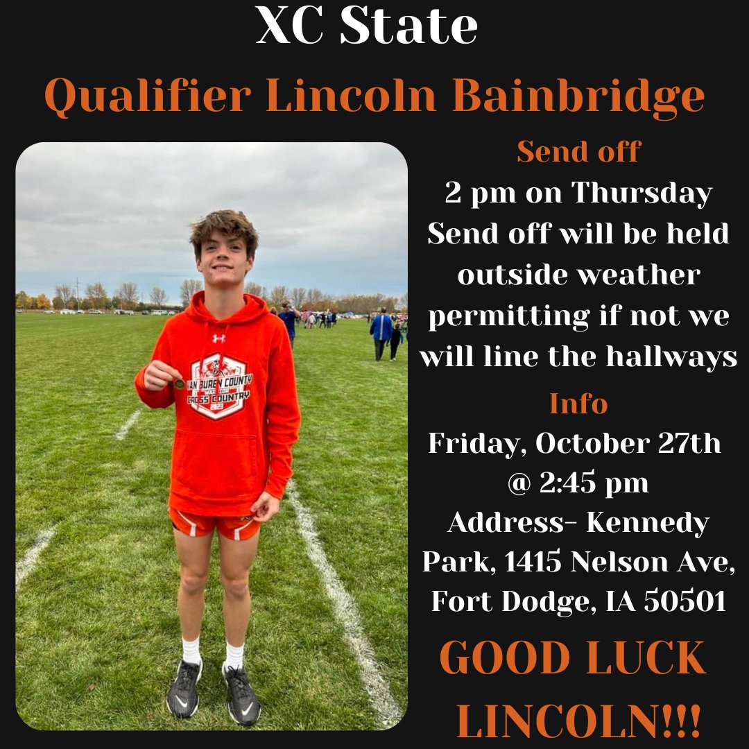Join us as we send Lincoln to State XC. The send-off will take place at the High School on Thursday, October 26. 
#goodlucklincoln

Created by Rylee Philips, Social Media Intern