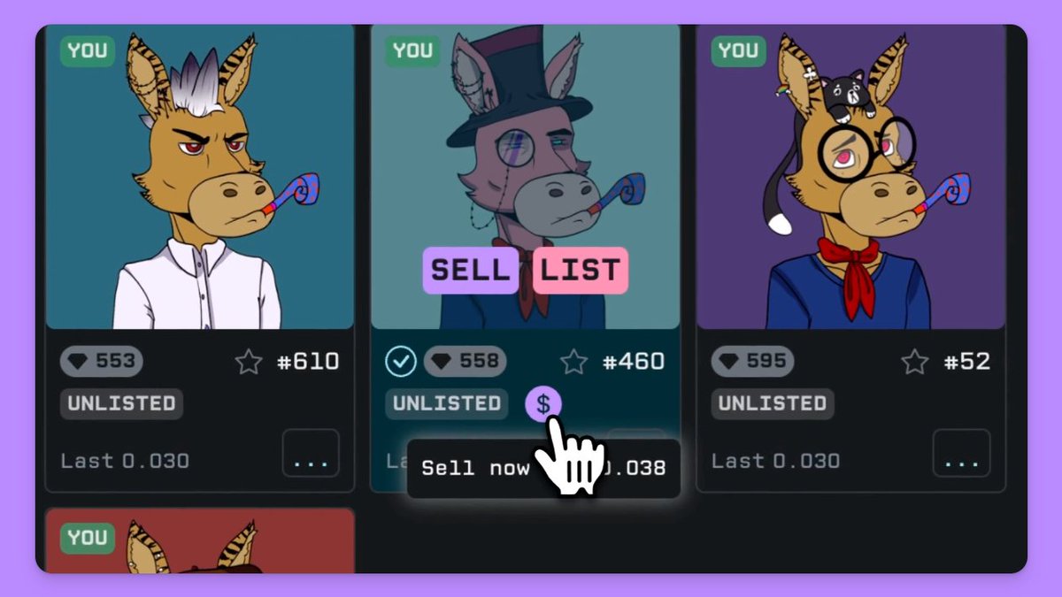 🚢 ｜3

Want to sell?

Simple.

✅ Go to your NFT inventory tab

If your NFTs have a purple $ icon then they've received a bid 👍

✅ Click the purple $ icon and confirm to sell into a bid.