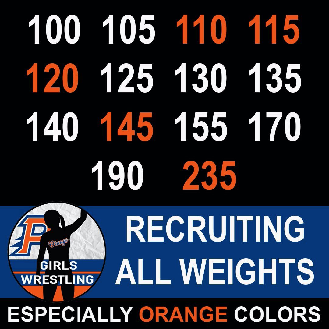 OOHSgirlswrest's tweet photo. CHALLENGE YOURSELF! Our goal is to roster 40 girls, which is 2-3 at each weight….so we’re on the hunt for more girls at each weight, ESPECIALLY the orange ones. Everyone gets matches. No cuts. Come be part of a team, boost your confidence and get in the best shape of your life. https://t.co/QHI8bATH2r