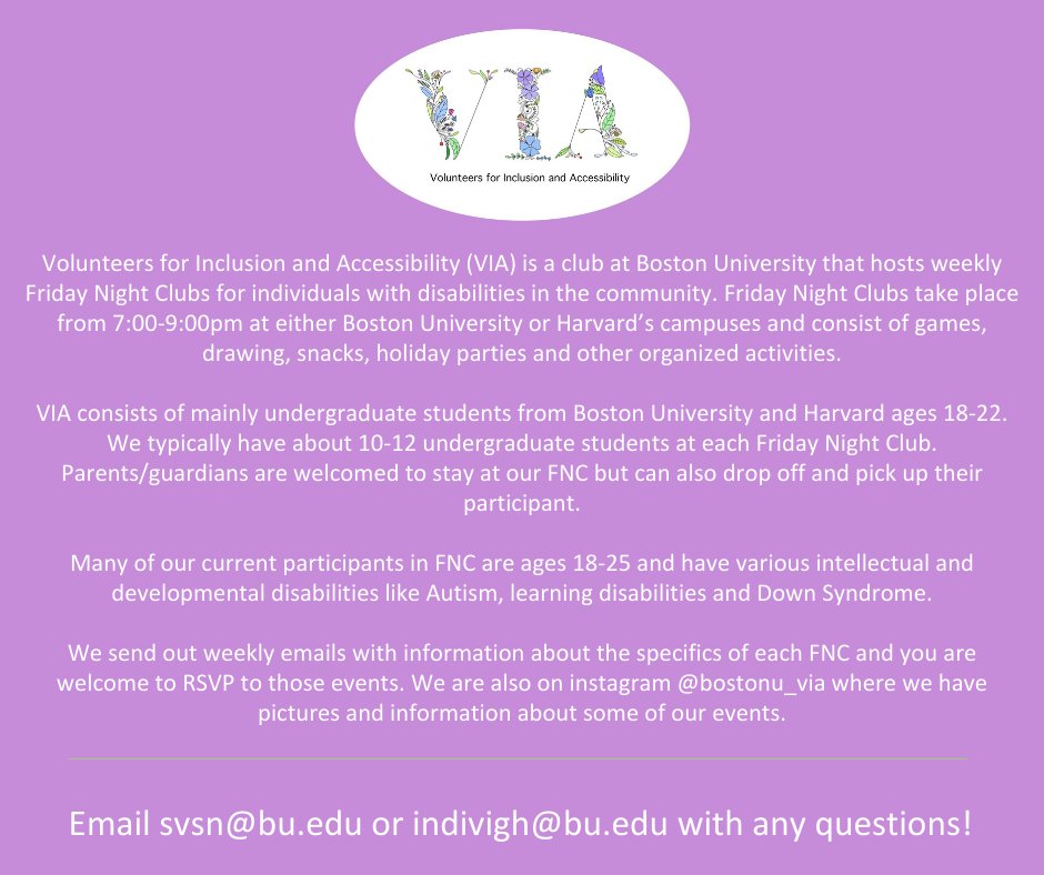 brianskotko's tweet photo. Be a part of Volunteers for Inclusion and Accessibility! VIA is a club at Boston University that hosts weekly Friday Night Clubs for individuals with disabilities. Clubs are from 7-9pm &amp; consist of games, drawing, snacks &amp; more! Interested? Reach out to svsn@bu.edu! https://t.co/tDP3eTkeOf