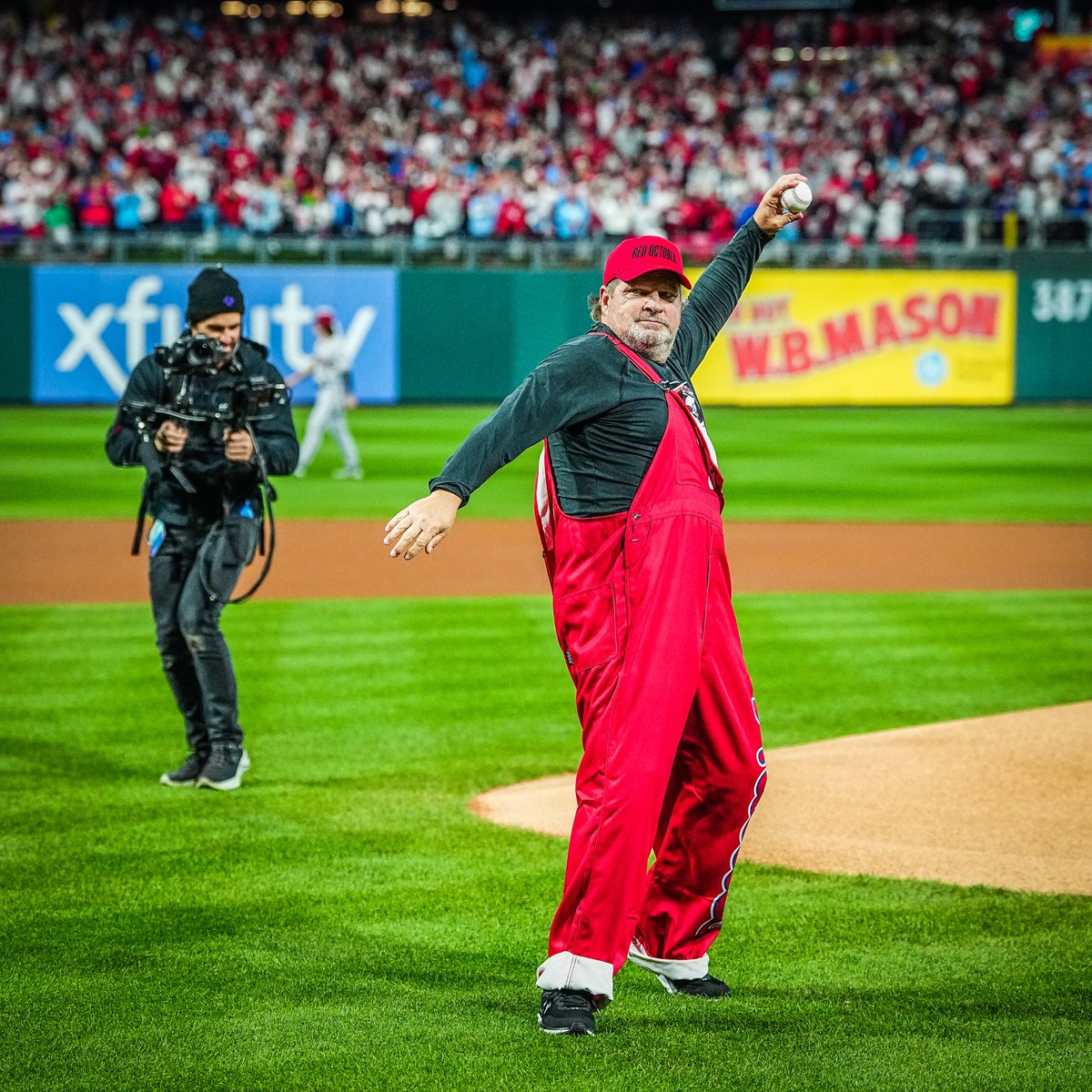 Phillies's tweet photo. Tonight's first pitch, overalls and all: https://t.co/6Fs7zwgOtD