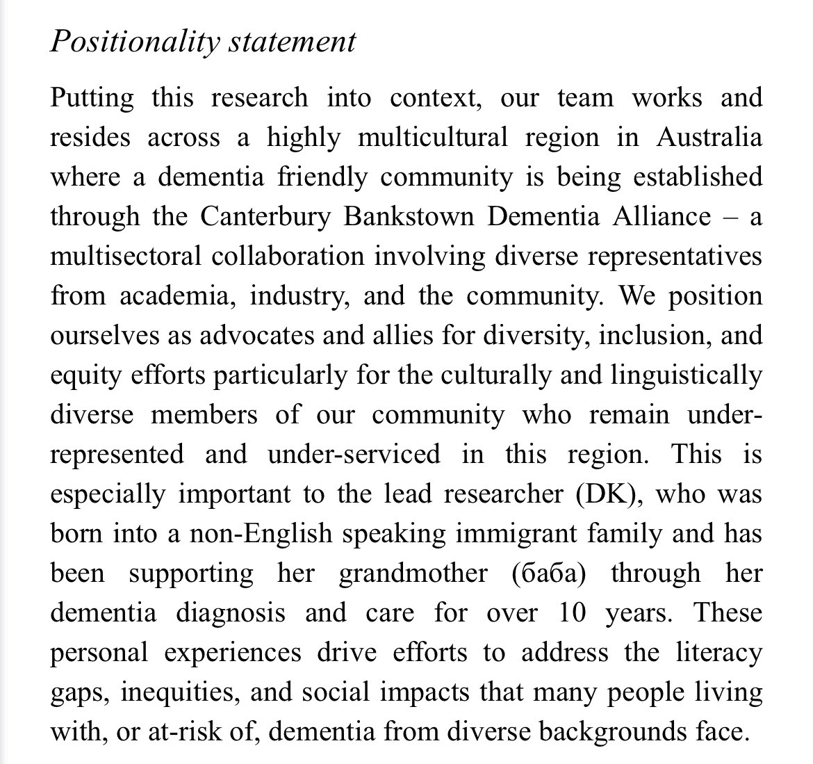 Superstar @emanshatnawi7 explored the barriers and facilitators of cultural inclusivity in dementia friendly communities 🌆 This work informed the Canterbury Bankstown Dementia Alliance’s engagement with Arabic, Vietnamese, Chinese & Greek communities! tinyurl.com/2p8c4fb4