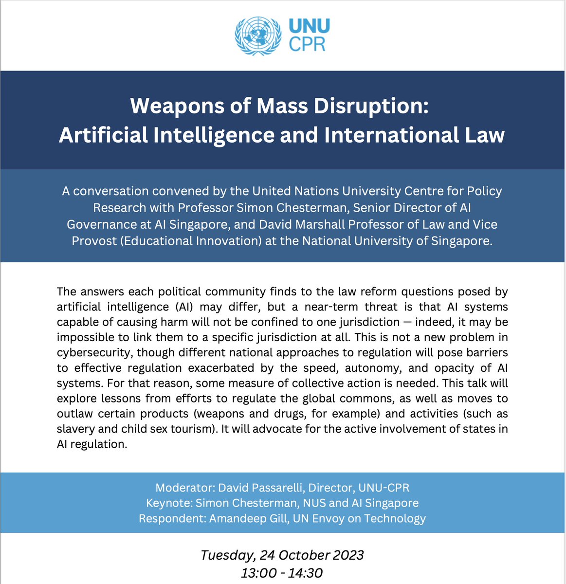 David Passarelli (@david_unu) on Twitter photo Great discussion <a href="/UNUCPR/">UN University Centre for Policy Research</a> for UN staff focused on the promise and pitfalls of AI governance with <a href="/ProfChesterman/">Simon Chesterman 陈西文</a> & <a href="/UNTechEnvoy/">Follow @ODET_UN for the latest updates</a>. Simon’s talk struck an optimistic note: we may not get everything right immediately; UN should showcase the promise of AI, not just its risks. Great discussion <a href="/UNUCPR/">UN University Centre for Policy Research</a> for UN staff focused on the promise and pitfalls of AI governance with <a href="/ProfChesterman/">Simon Chesterman 陈西文</a> & <a href="/UNTechEnvoy/">Follow @ODET_UN for the latest updates</a>. Simon’s talk struck an optimistic note: we may not get everything right immediately; UN should showcase the promise of AI, not just its risks.