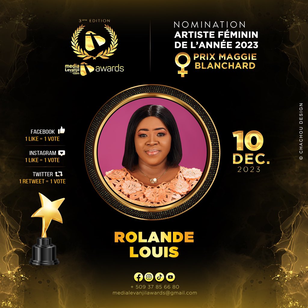 MediaLevanjil's tweet image. &amp;lt;&amp;lt; Artiste Feminin / Prix Maggie Blanchard &amp;gt;&amp;gt; Rolande Louis - Rollie

Chak “RETWEET” se yon “Vòt”
Lèw vote, ou ankouraje. 
Ou montre sitou ke ou konn apresye. 

Pa bliye ou ka fè sa sou tout rezo #MediaLevanjil yo:
Facebook | Instagram | Twitter

#MLA23 #Vote #Ankouraje #apresye