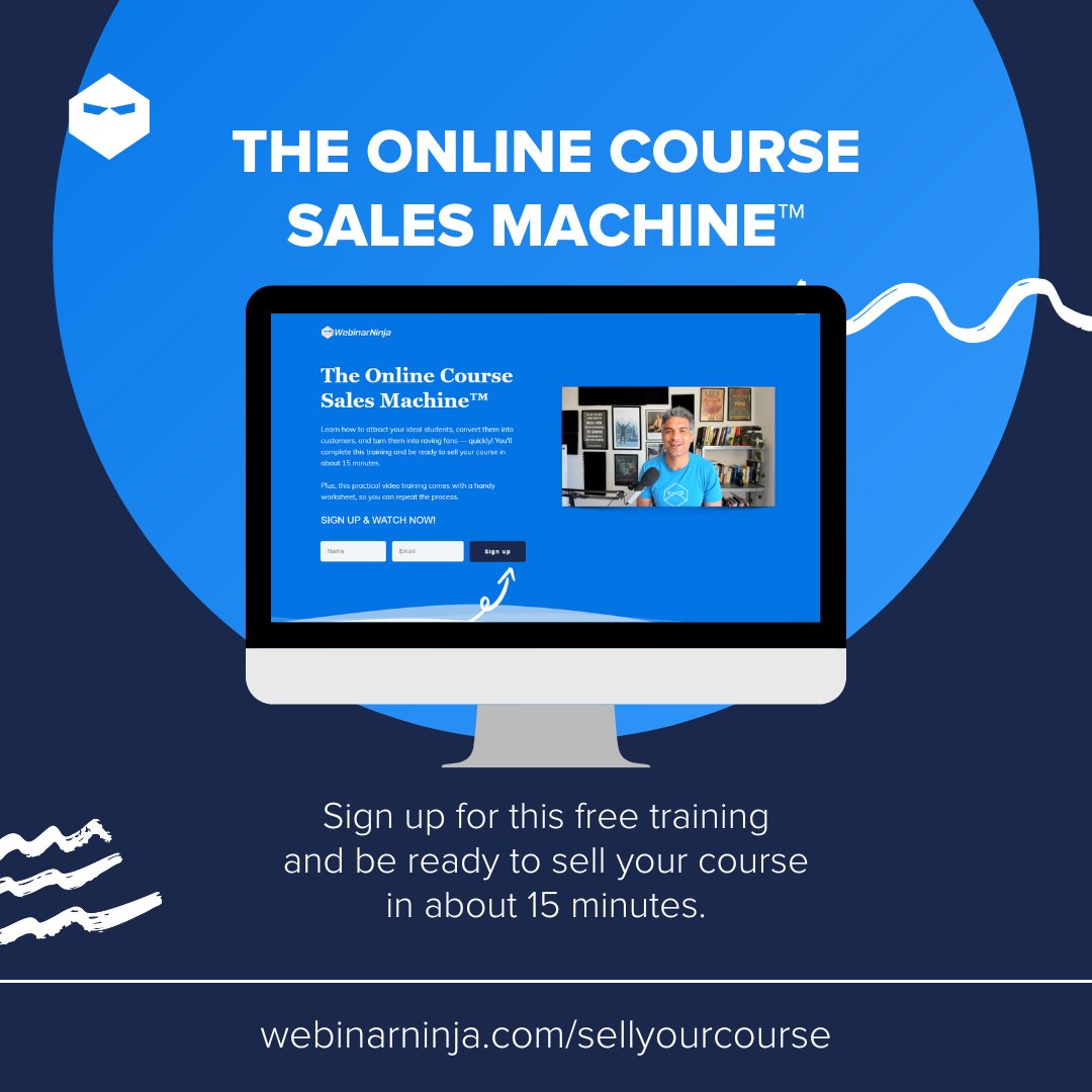 3 steps. 15 minutes. Learn how to get butts in the (virtual) seats for your online course with our free training. 

rfr.bz/t6sql0d

#SellYourCourse #OnlineCourse #OnlineCourseSales #WebinarSales #WebinarMarketing #MarketingTips #WebinarNinja