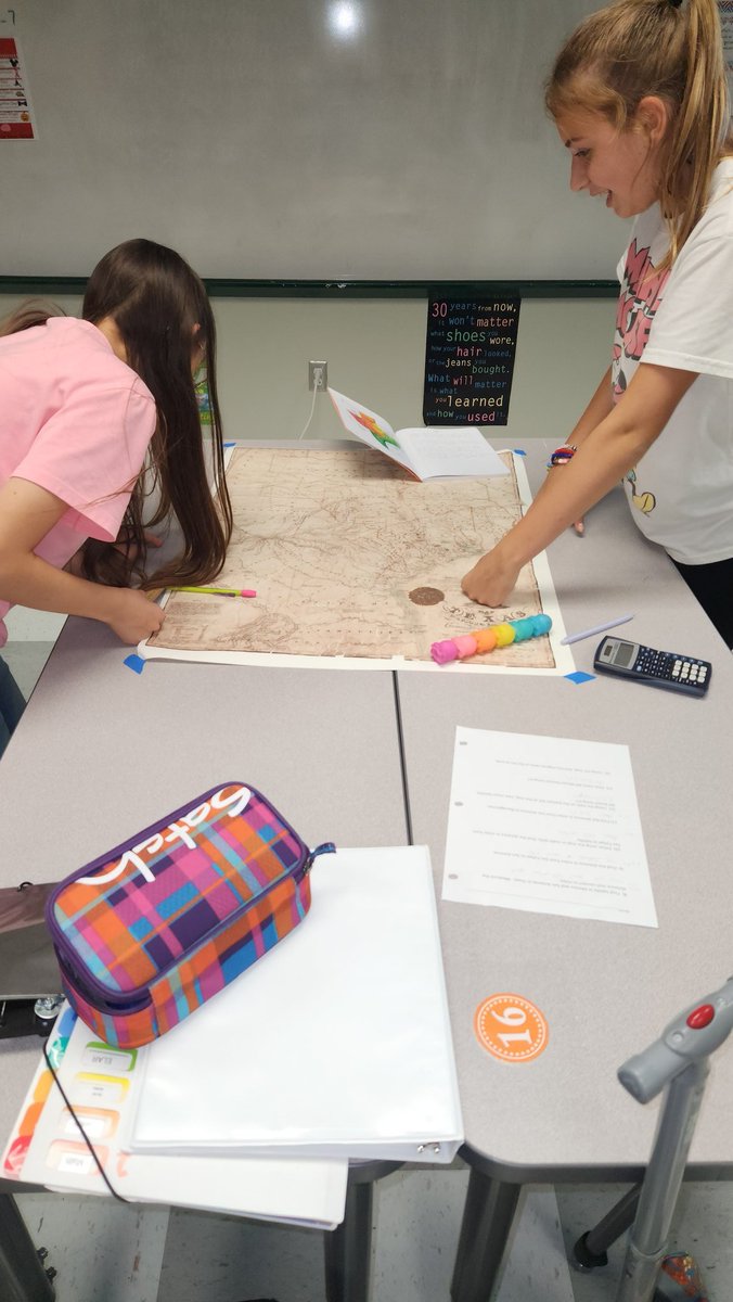 MarySci's tweet image. Students investigating Texas Colony Map and having to do some  proportional conversions.  Math meets history.  #texashistory #mapskills @RGC_MS_HS