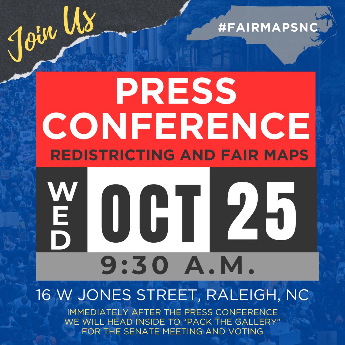 allontheline_nc's tweet photo. Join us for a press conference Wednesday morning before votes on the maps at the NC Legislature. #PeopleOverPolitics #FairMapsNC https://t.co/mw157f8wTp