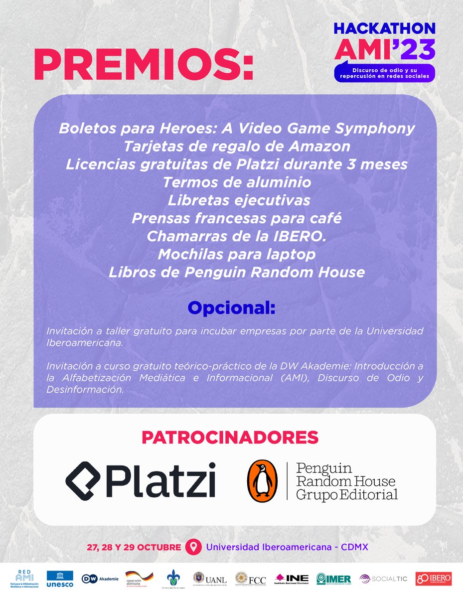Por si no habían razones suficientes para participar: ¡Aquí te van los premios del hackathon que 3 equipos podrán llevarse (además de mucho aprendizaje)!

¡Ya quedan pocos días! 
#RedAMIMX #HackathonAMI23