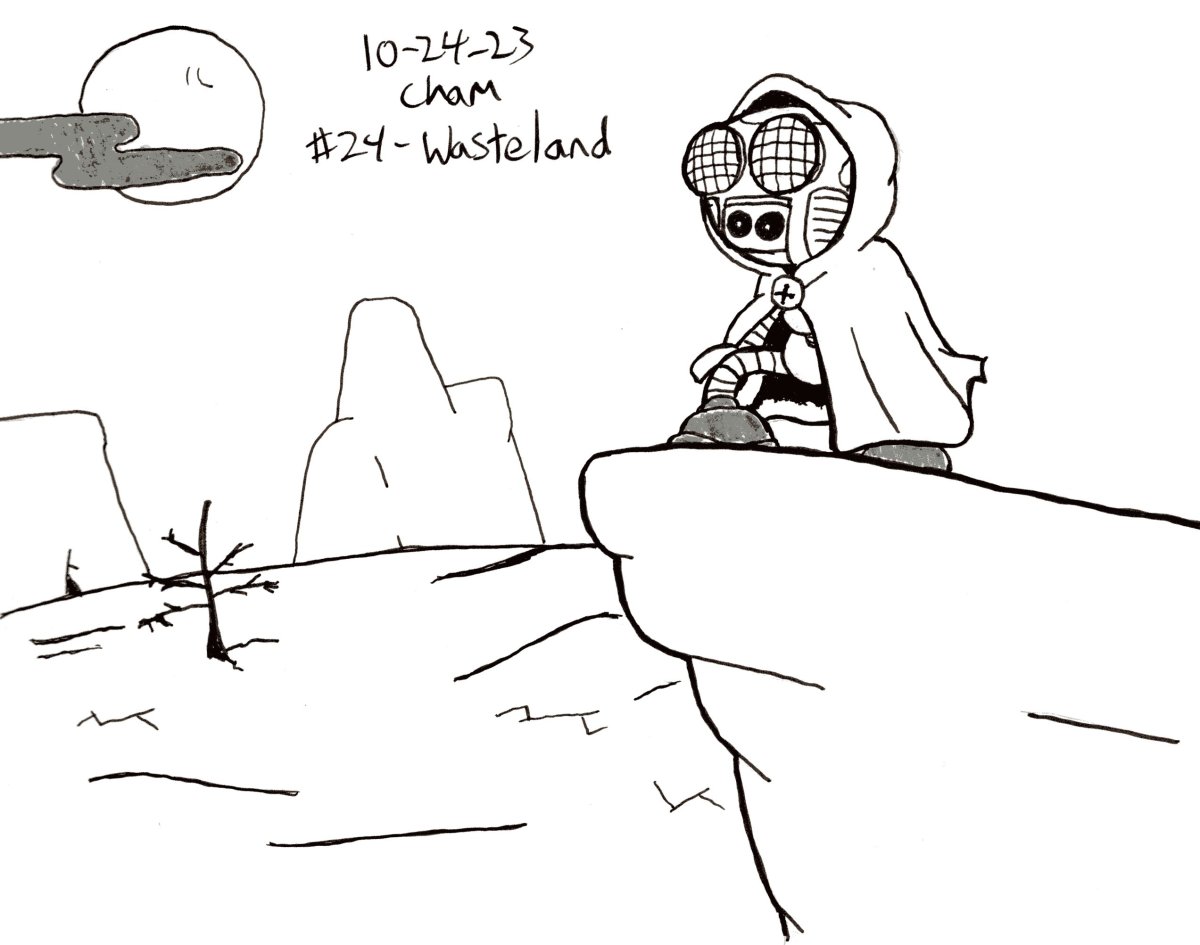 #Inktober Day 24 - Wasteland

I don't normally draw robots, but I was really inspired by a cute idea for one that has a mini boombox for a head and has to wander the wastelands.
#art