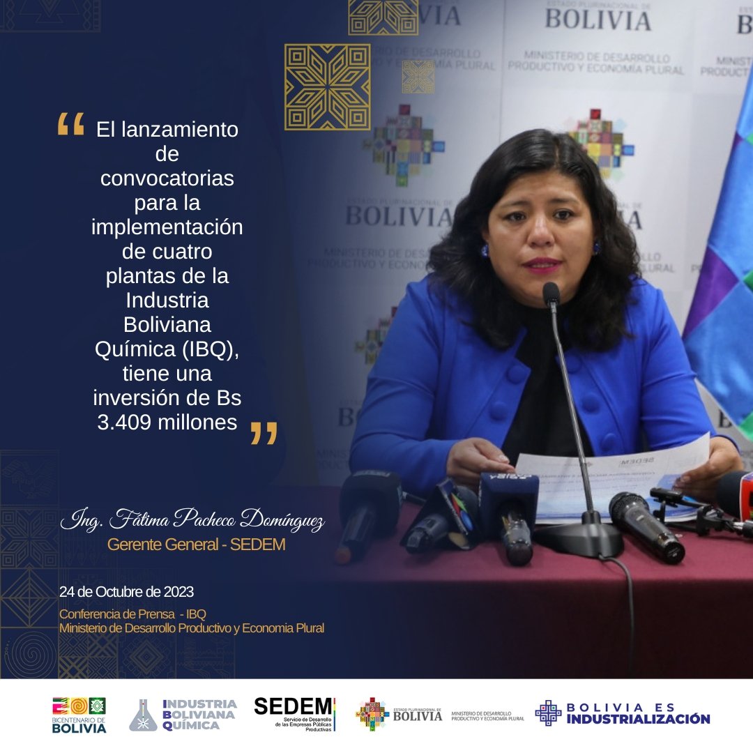 Sedem_Bolivia's tweet photo. Las convocatorias para la implementación de cuatro plantas de la 𝐈𝐧𝐝𝐮𝐬𝐭𝐫𝐢𝐚 𝐁𝐨𝐥𝐢𝐯𝐢𝐚𝐧𝐚 𝐐𝐮𝐢́𝐦𝐢𝐜𝐚 #Ibq, se encuentran disponibles en el #Sicoes y en todos los medios de comunicación disponibles para las empresas nacionales e internacionales. 🇧🇴 https://t.co/xBXqcnb3oD