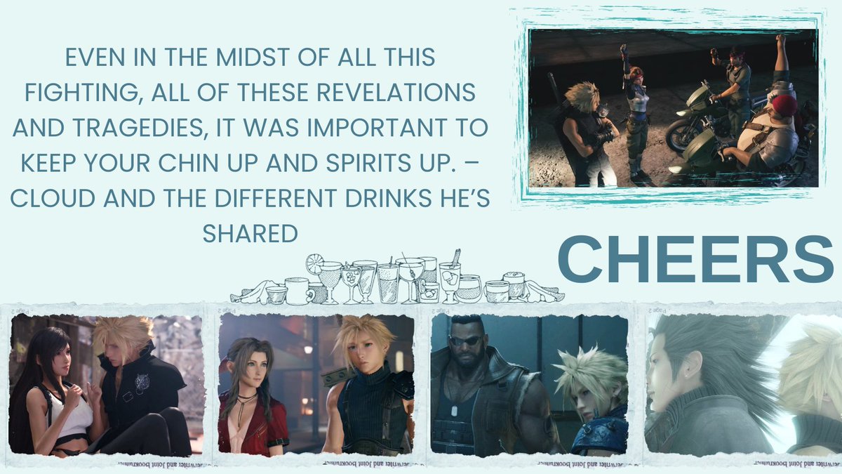 For <a href="/StrifeZine/">Cloud Zine ☁️ Spirit & Strife</a>, I just had to write the entire cast into a single fic
🍺Cloud shares a drink over the series
🍺3.5k fluff, friendship, bittersweet
🍺Beer with Avalanche and Barret, whisky with Aerith, gin with Tifa, wine with Yuffie/Vincent...he has more friends than he realized