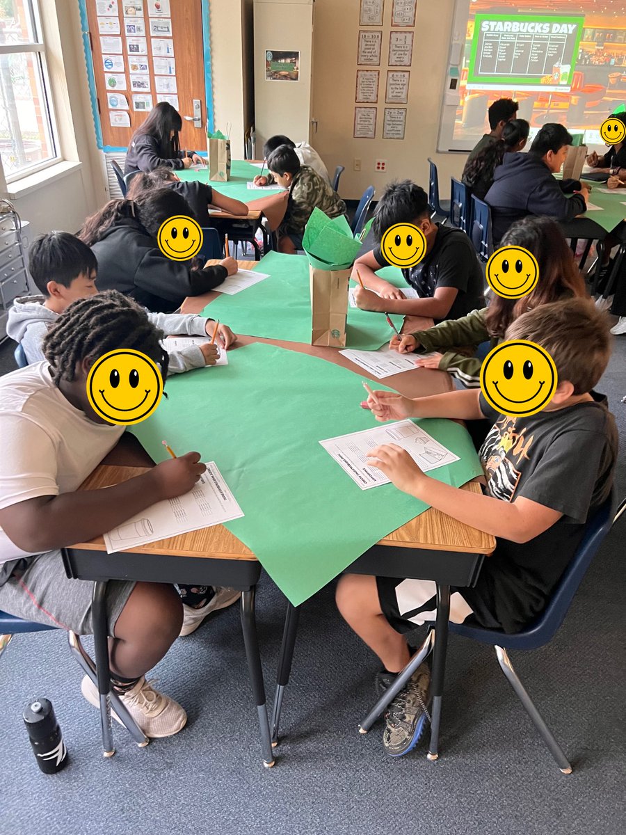 AlisonAcuy's tweet photo. Starbucks day in 6th grade math! We made our own coffee menus, used unit rates to determine what the best price was, and ratio tables and double number lines to find out bulk pricing! And across the hall was Dunkin Donuts poetry cafe! The best day! #ohemustangs #RISDWeAreOne https://t.co/kBS7shY7Cr