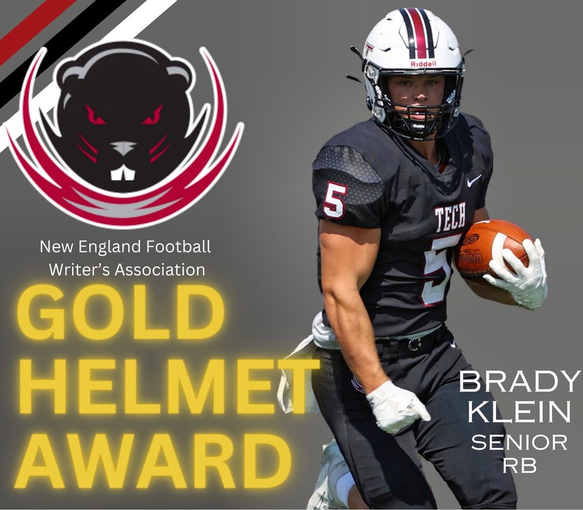 Congratulations to senior RB Brady Klein for earning the New England Football Writer’s Assoc. Gold Helmet Award! Brady helped lead us to victory with 176 yards rushing and 2 TD on Saturday at SUNY Maritime. #RollTech🥳🏈