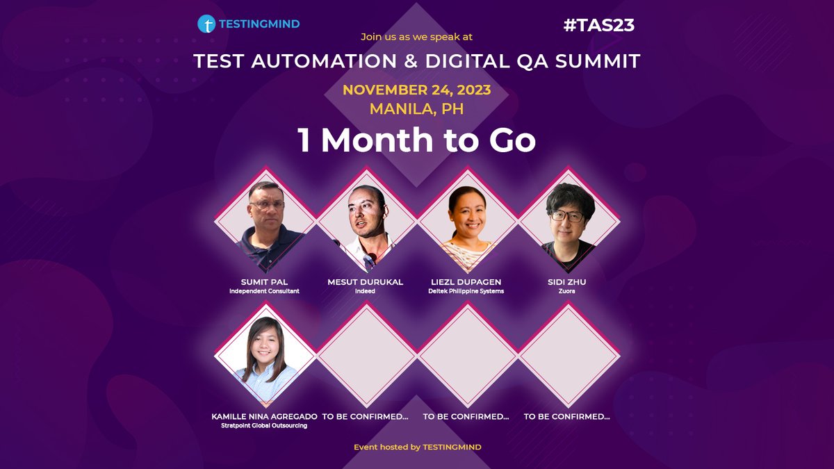 One Month to Go: Test Automation & Digital QA Summit, Manila!

 Reserve your place now: testingmind.com/event/tas2023/…  

#ManilaSummit #DigitalQA #TestAutomation #CountdownBegins #QAExperts #InnovationUnleashed