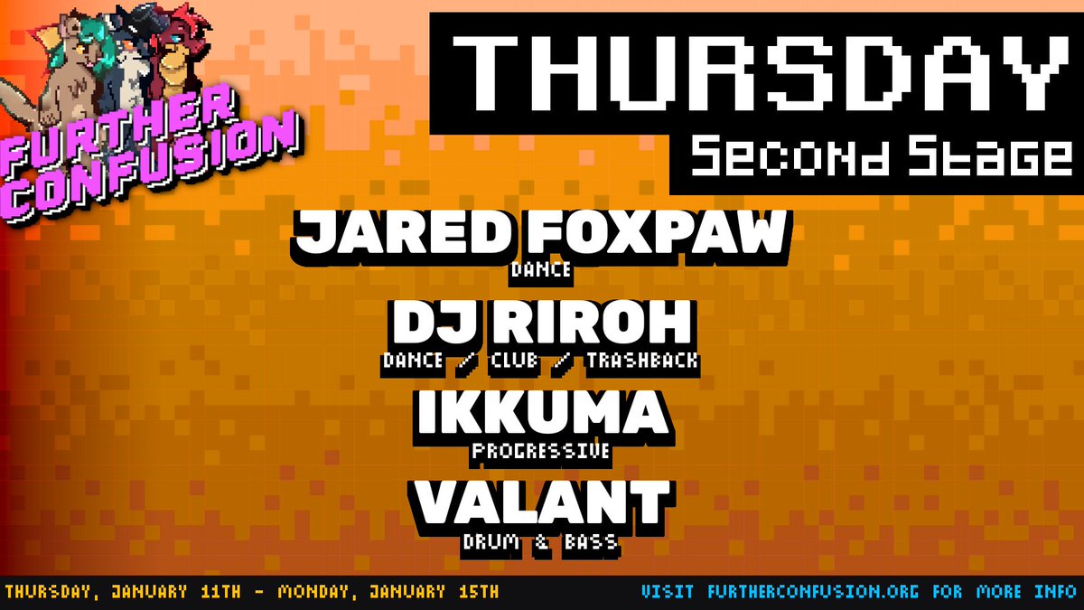 Please welcome your Thurday Night DJs for FC2024!

<a href="/jaredfoxpaw/">Jared Foxpaw</a>
<a href="/RirohRaccoon/">Riroh Raccoon 🔜 MFF</a>
<a href="/raikawolf/">Raika / Ikkuma</a>
<a href="/valantnovalight/">Valant</a> 

#FC2024
#FurtherConfusion 
<a href="/furcon/">Further Confusion "The Beach Episode"</a>