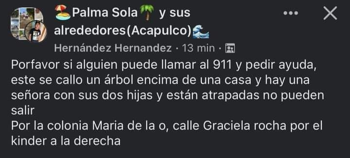nreportegro2's tweet photo. #Alerta | Familia de #Acapulco está atrapada por el #HuracanOtis ya que un árbol cayó encima de una casa en la colonia Palma Sola 

#huracanotis #huracan #lluviasfuertes #lluvias #acapulco #inundaciones #tormentatropical #damnificados #alertanacional #ayuda https://t.co/7C0bYLBXJL