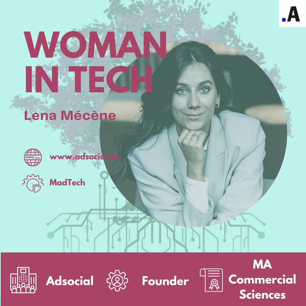 LaurenceAJacobs's tweet image. Woman in Tech of the Day: Lena Mécène #Founder #MadTech company Adsocial.be
 
More inspiration: buff.ly/3kLtxBa 

Part of the #365womenintech campaign to spotlight 1 female founder/CEO every day
#BEWomenInTech #Rolemodel #Femaleleadership