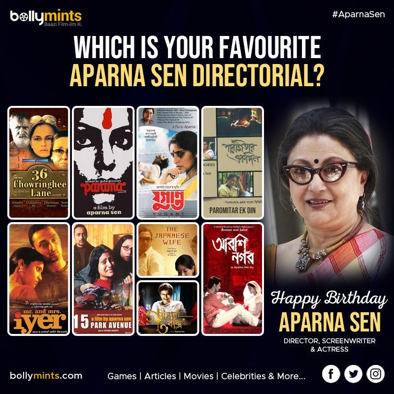 Wishing A Very Happy Birthday To Director, Screenwriter & Actress #AparnaSen Ji !
#HBDAparnaSen #HappyBirthdayAparnaSen #KonkonaSenSharma #KamaliniSen
Which Is Your #Favourite Aparna Sen #Directorial?