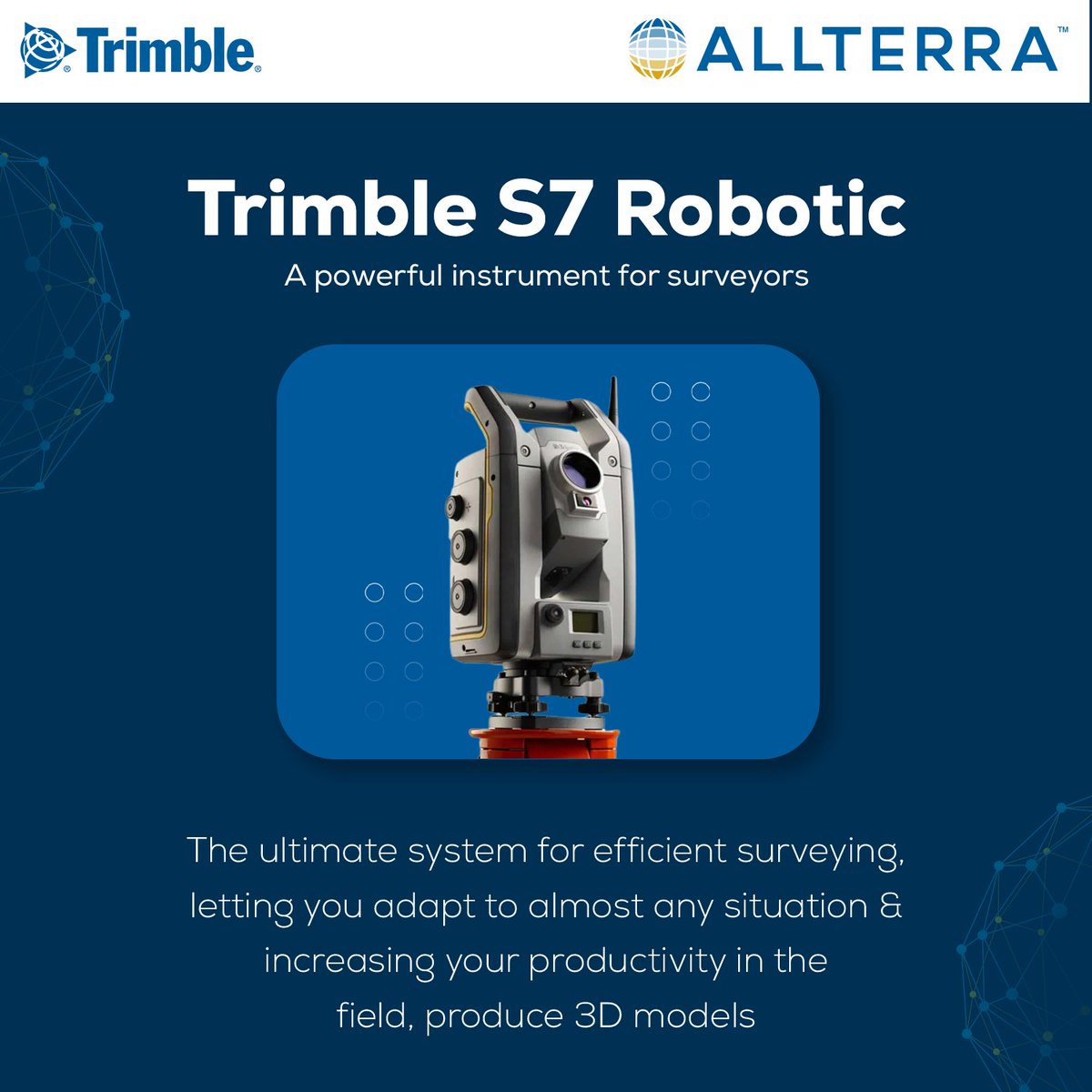 AllTerra_India's tweet image. Trimble S7 Robotic is a powerful instrument for surveyors, offering a range of features and capabilities. 

Contact us to know more about its features &amp;amp; benefits. 

 #PrecisionPositioning
 #Innovation
 #TrimbleS7Robotic 
#Trimblegeospatial 
#Landsurveyors 
#Infrastructure