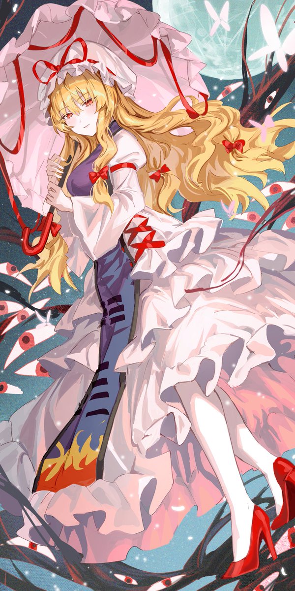 yakumo yukari 1girl blonde hair umbrella hat solo long hair mob cap  illustration images