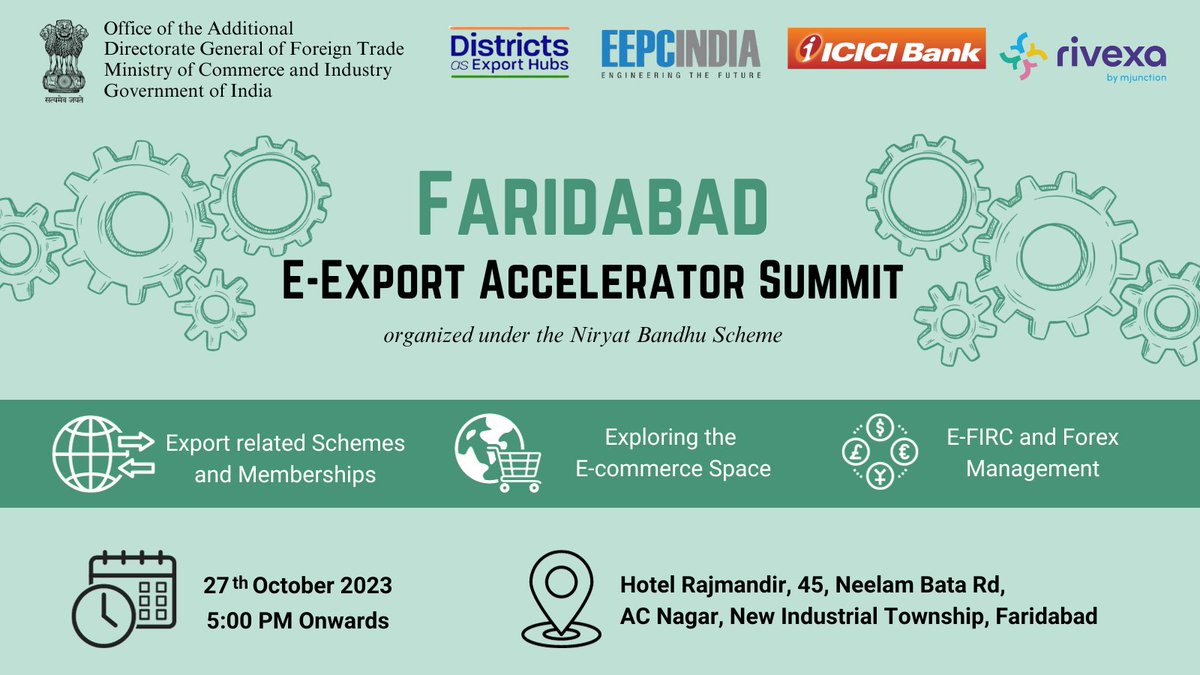 Attention Engineering Goods Exporters! Join us at the ‘E-Export Accelerator Summit’ in Faridabad. Learn about trade-related schemes, services, benefits, & more. Kindly register through the below link. (Note: Registration is Mandatory for participation) docs.google.com/forms/d/e/1FAI…