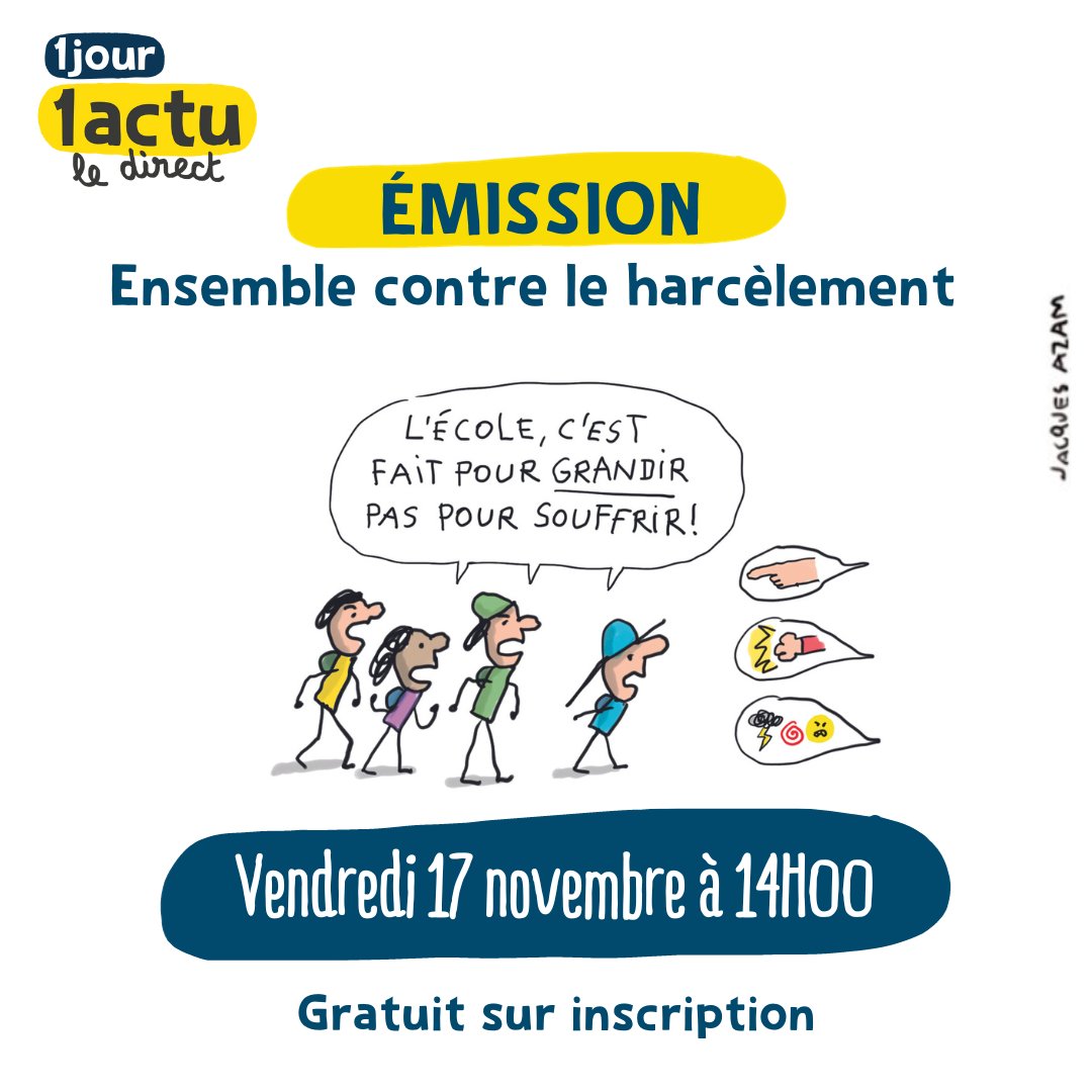 1jour1actu's tweet photo. #Enseignant Participez avec votre classe à notre émission en direct sur la thématique du #harcèlement !  Afin de mieux comprendre ses mécanismes, et explorer des solutions pour lutter contre.

👉 https://t.co/eAAjR3PiN8

@LeCLEMI @Eduscol @reseau_canope #HarcelementScolaire https://t.co/z3VQE3JJ7X