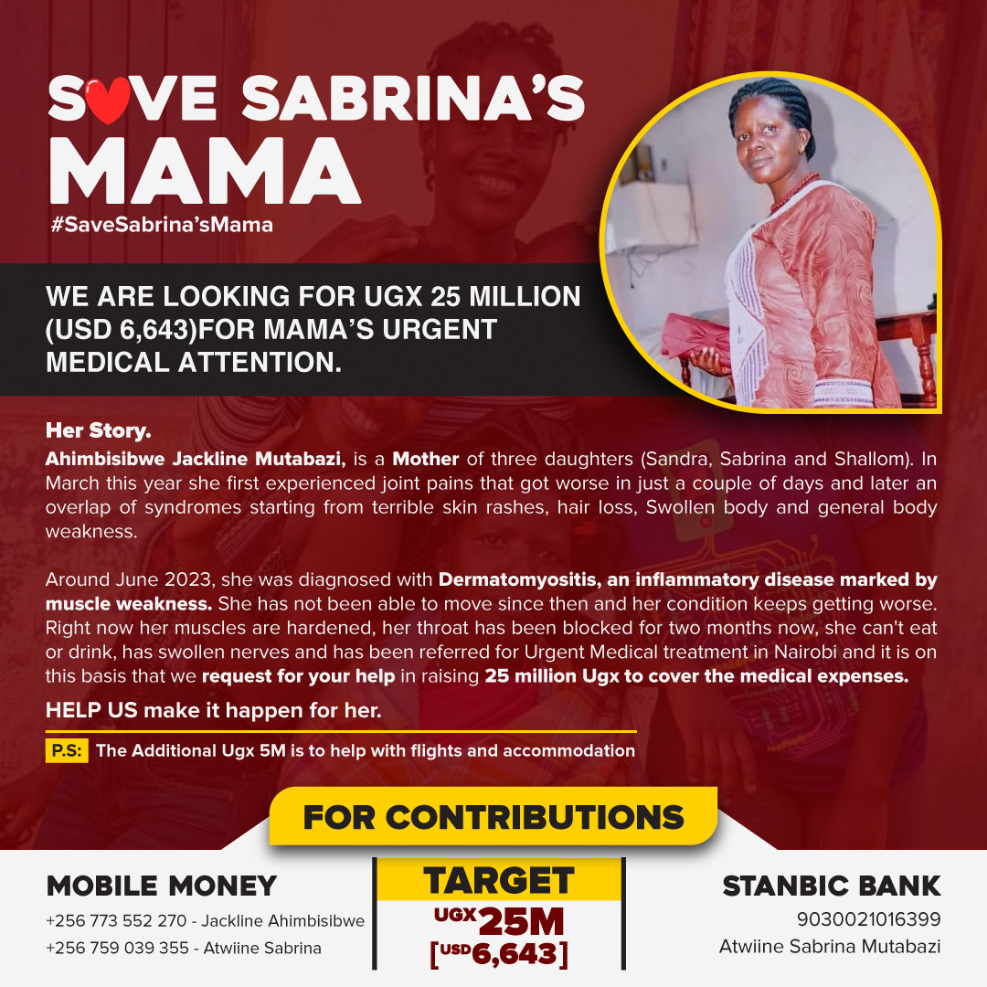 Dear Team, Thanks for the love and Kindness. We need it! We officially launch the Fundraise to help my mom fight Dermatomyositis. We hope to reach the Target by the end of this week. Join us to give her, her rightfully deserved life back. Please share widely #SaveSabrinasMama