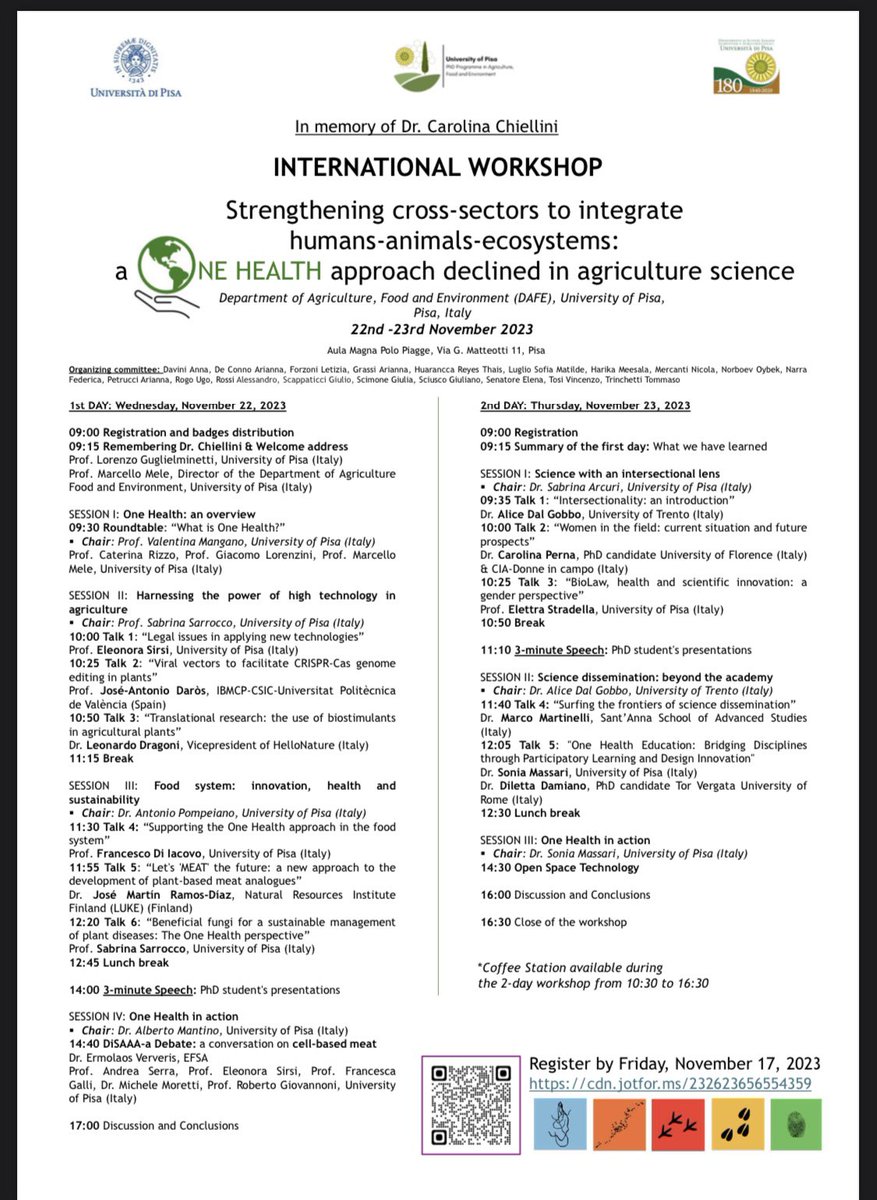 AgroBiotecUnipi's tweet photo. In memory of Dr. Carolina Chiellini
INTERNATIONAL WORKSHOP “Strengthening cross-sectors to integrate humans-animals-ecosystems: a ONE HEALTH approach declined in agriculture science”
Department of Agriculture, Food and Environment (DAFE), @Unipisa 
22nd -23rd November 2023 https://t.co/bOhB1YS8E6