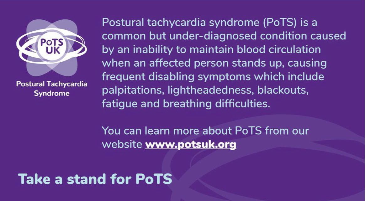 Happy 4th ⭐️⭐️#PoTSAwarenessDay⭐️⭐️

Please join us by sharing our information throughout the day💜

If you are new to #PoTS (Postural Tachycardia Syndrome), please take the time to learn more about this common but under-diagnosed condition! 
potsuk.org

PoTS can