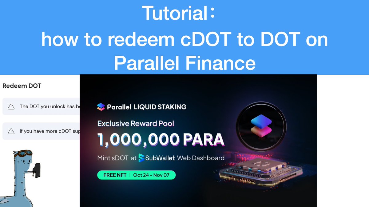Do you participate in the Polkadot crowdloan through <a href="/ParallelFi/">Alex T. Plumley</a> ? You may want to check my tutorial on how to redeem cDOT to DOT, and also earn an extra 1M PARA through <a href="/subwalletapp/">SubWallet</a> : 
youtube.com/watch?v=mHnFo4…

Redeem here: crowdloan.parallel.fi/#/redeem
Supply or stake to earn more!