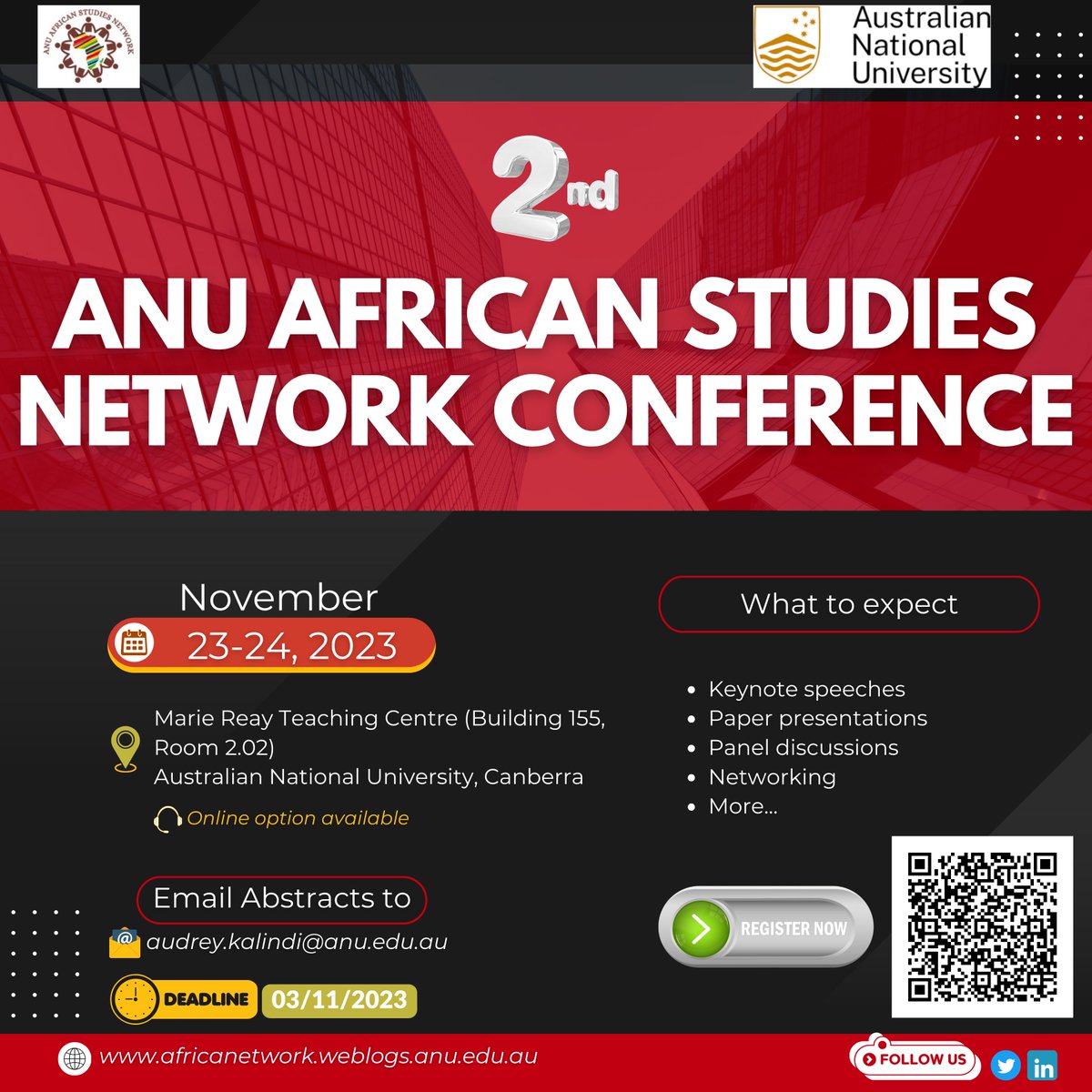 Have you applied to join the 2nd ANU African Studies Network Conference (hybrid) yet? This is the moment to do it if you haven't already. The two-day conference features a range of activities that will keep you engaged.
#ANU #AfricanStudies 
#2023Conference #Canberra 
👇🏿👇🏿👇🏿