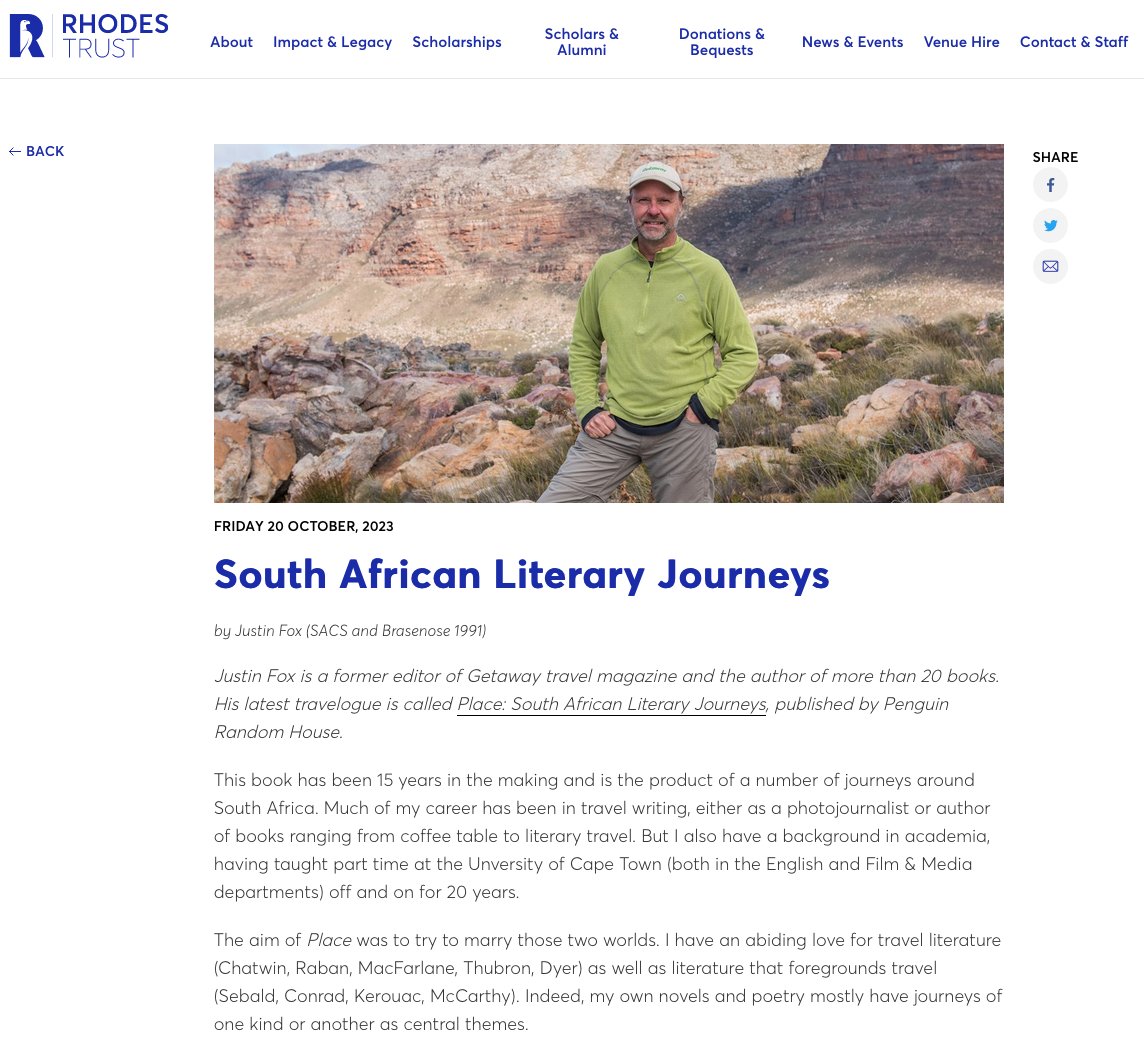 JustinFoxAfrica's tweet photo. OXFORD: 'Place' is Book of the Week in Rhodes Scholars Connect.
#Place #TravelSouthAfrica #SouthAfricanAuthors #BookLoversSA #ExploreSA #LocalAuthors #TravelWriting #BookTwitter #MustReadSA #TravelandRead #amwriting
Buy PLACE: https://t.co/6OWou7BK8u
@PenguinBooksSA @Umuzites https://t.co/vU1KqQGrot