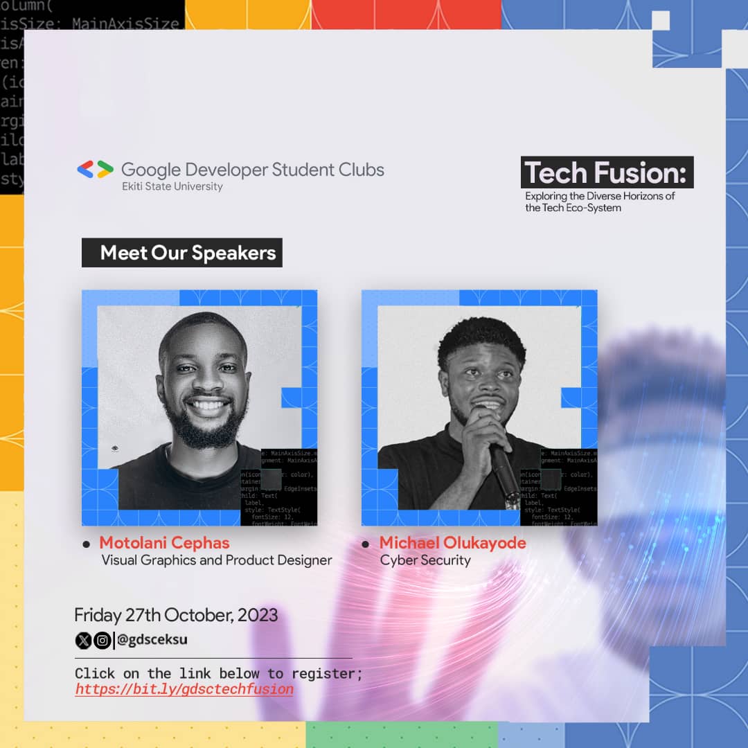 gdg_Eksu's tweet image. MEET OUR SPEAKERS!!

We&apos;re thrilled to introduce our upcoming event&apos;s featured speakers. 

We have the amazing: 
📌MOTOLANI CEPHAS (@MotolaniCephas )
- a Visual Graphics Designer, and

📌 MICHEAL OLUKAYODE (@segzy_osm) 
- a Cybersecurity Enthusiast

#techfusion #gdsceksu #gdgssa