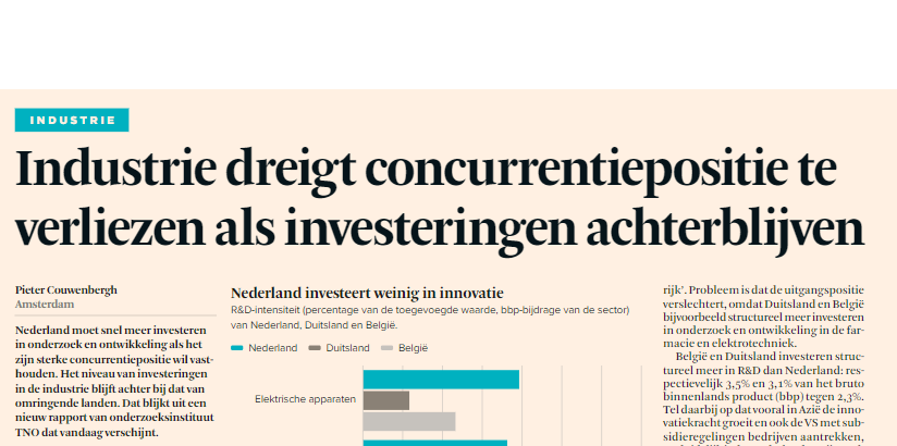 NL moet dringend meer investeren in R&D voor behoud sterke concurrentiepositie in de #industrie. Dit blijkt uit recent TNO-rapport. Onderzoeker Thijmen van Bree van @TNOVector ging erover in gesprek met het @FD_Nieuws. Lees het in het FD > tno.social/ov