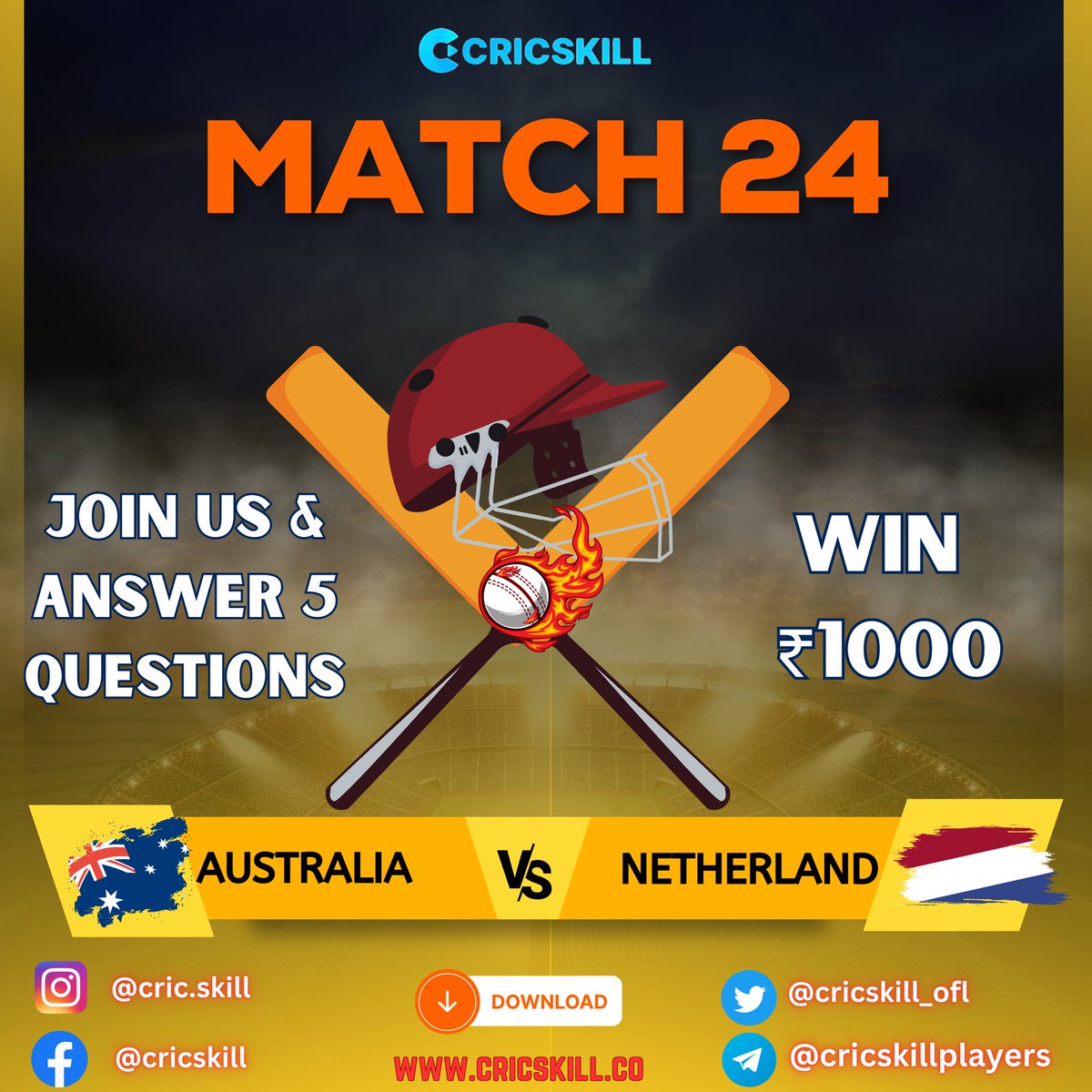 Cricskill_Ofl's tweet photo. Join Us & Answer 5 Questions to win ₹1000
Download App - https://t.co/plglCFI1em
#CricketQuiz
#CricketExperts
#CricketWisdom
#CricketBrain
#CricketNews
#CricketUpdates
#tourney11
#cricskill
#rohitsharma
#kohli
#viratkohli
#bhumrah
#warner https://t.co/QSv8g773DR
