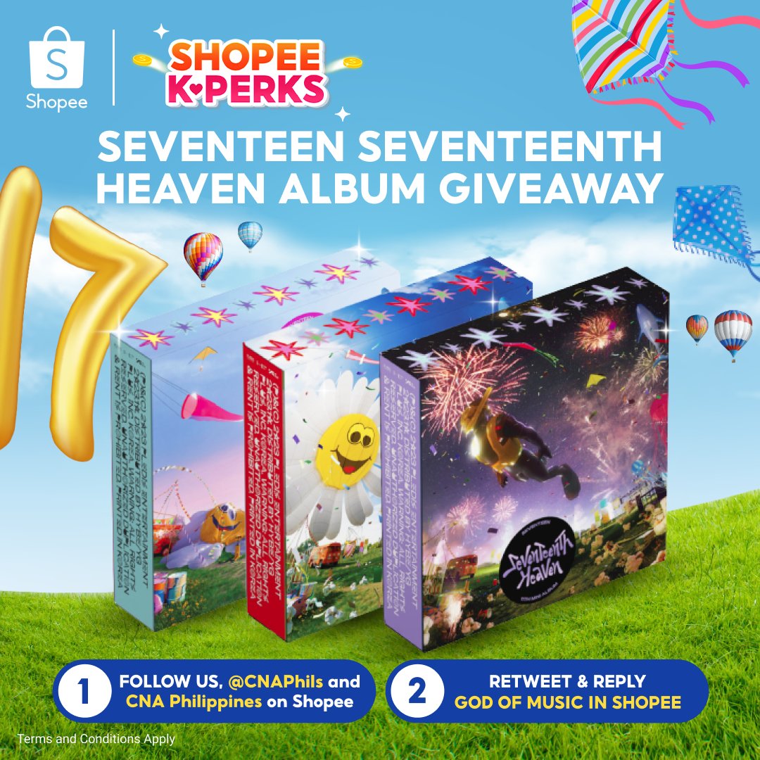 ShopeePH's tweet photo. 🪁 SVT’S ALBUM GIVEAWAY 🪁

Where my goblins? Where my Draculas? 🎶 Where my Besties na abangers sa SEVENTEEN giveaway? 🤭

To join:
-Follow us, @CNAPhils and CNA Philippines (https://t.co/TzdKyl2vhn) on Shopee
-Retweet &amp; Reply GOD OF MUSIC IN SHOPEE
#ShopeePH #ShopeeKPerks https://t.co/tVkEHUyHpC