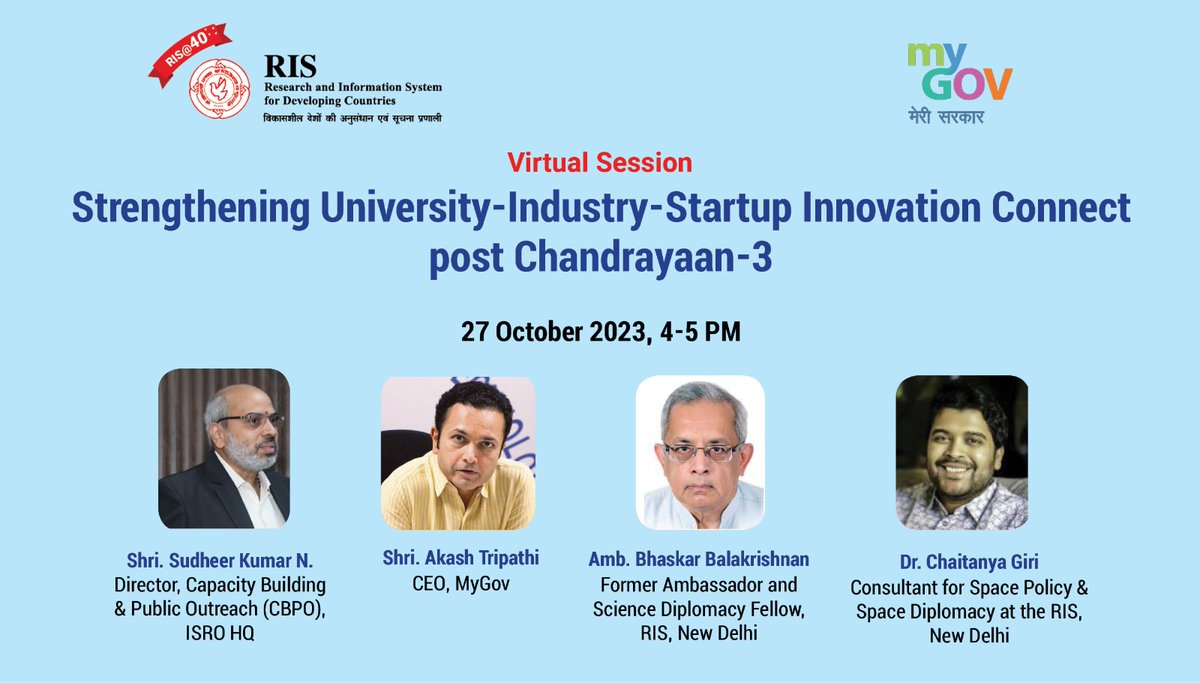 🚀Exciting Opportunity! Join our virtual session on Strengthening University-Industry-Startup Innovation Connect post Chandrayaan-3. Calling all students to be a part of this ground-breaking discussion. Don't miss out! 🌕#UniversityConnect @isro @RIS_NewDelhi @mygovindia