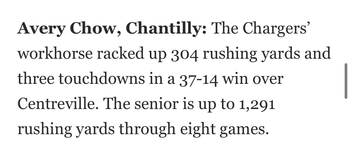 Avery Chow (@avery_chow) on Twitter photo I am honored to be named Player of the Week by The Washington Post it couldn’t be don’t without my great Offensive line and great Coaches, very blessed and thankful. <a href="/TheCoachCurry/">Sean Curry</a> <a href="/HozeyHaji/">Hozey Haji-Badri</a> <a href="/TillyFootball/">TillyFootball</a> I am honored to be named Player of the Week by The Washington Post it couldn’t be don’t without my great Offensive line and great Coaches, very blessed and thankful. <a href="/TheCoachCurry/">Sean Curry</a> <a href="/HozeyHaji/">Hozey Haji-Badri</a> <a href="/TillyFootball/">TillyFootball</a>