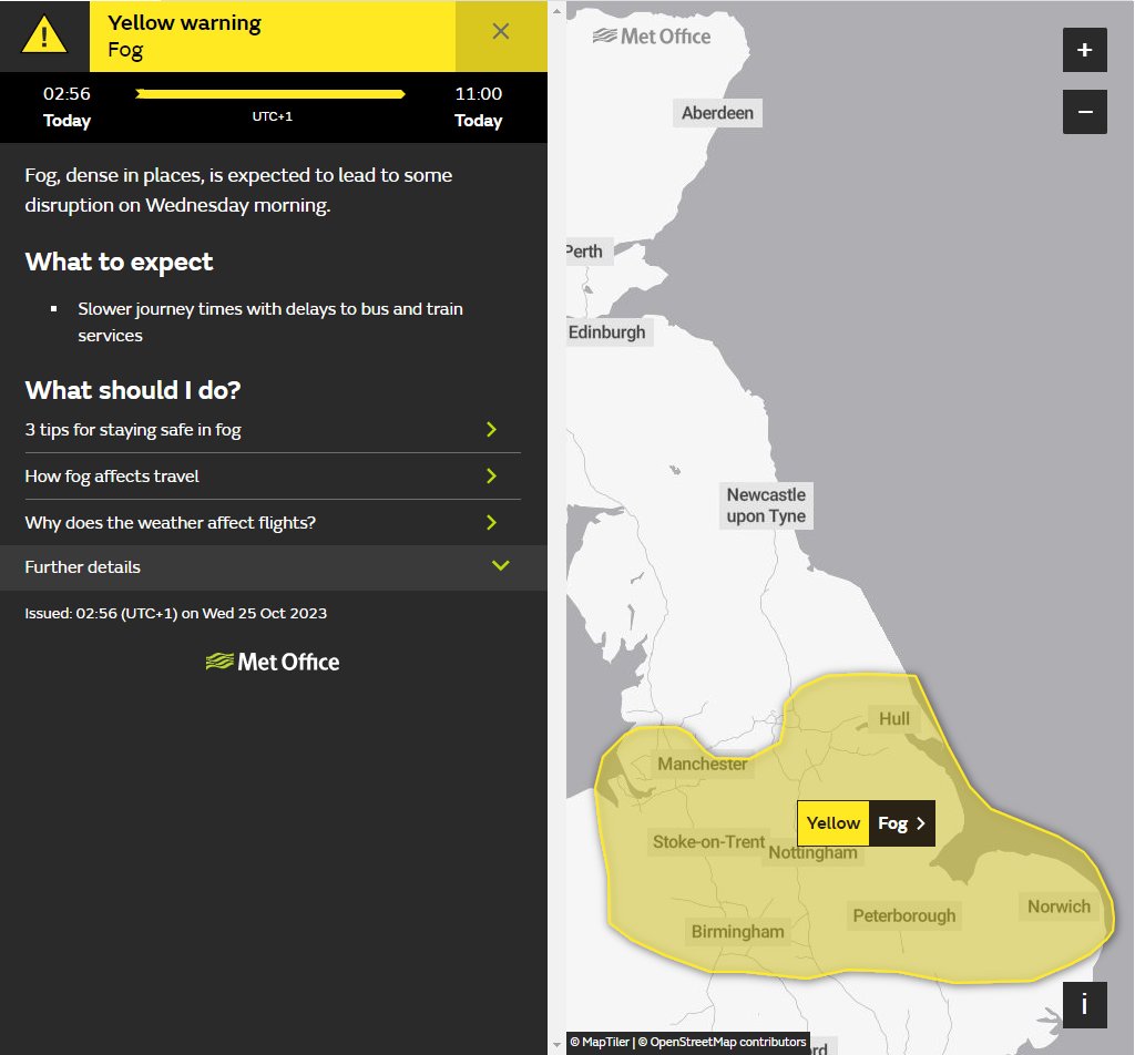 metoffice's tweet photo. ⚠️ Yellow weather warning issued ⚠️

Fog across parts of eastern England, the Midlands, northwest England and northeast Wales

NOW – Wednesday 1100

Latest info 👉 https://t.co/QwDLMfRBfs

Stay #WeatherAware⚠️ https://t.co/t29CutQ5YY