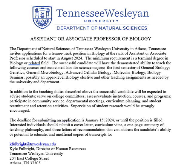 maliecology's tweet photo. I'm chairing the search for a tenure-track assistant professor of biology position at @TNWesleyan. Course teaching expectations include: Gen Bio; Genetics; Gen Micro; Advanced Cell. See ad below; please reach out with questions! #AcademicChatter #Biology #phdchat https://t.co/GTEnkQfACg
