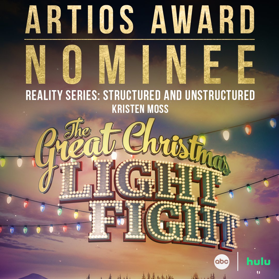 Congratulations to The Great Christmas #LightFight’s Kristen Moss on the #ArtiosAwards nomination for Reality Series: Structured and Unstructured!